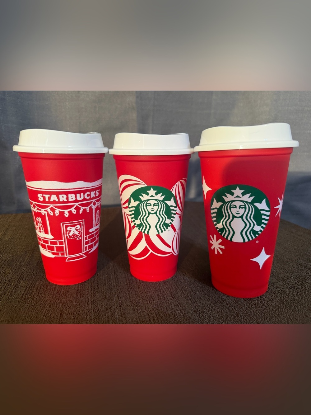 Starbucks Red Cups with White Lids and Green Logo - Holiday Set of 3